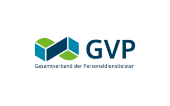 The logo for GVP, Gesamtverband der Personaldienstleister, features a blue and green geometric design next to the acronym GVP in large blue letters, with the full name written below in smaller text.