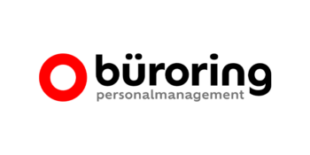 Logo mit einem roten Ring auf der linken Seite und dem Schriftzug „büroring personalmanagement“ in schwarzer und grauer, fetter Schrift auf der rechten Seite.