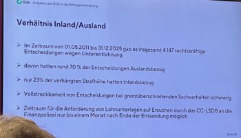 Auf einer Folie mit dem Titel Verh&auml;ltnis Inland/Ausland sind Statistiken &uuml;ber Gerichtsentscheidungen in den Jahren 2011 und 2012 aufgef&uuml;hrt, einschlie&szlig;lich der prozentualen Anteile ausl&auml;ndischer und inl&auml;ndischer F&auml;lle sowie der Herausforderungen bei der grenz&uuml;berschreitenden Durchsetzung.