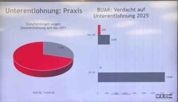 Eine Folie mit zwei Diagrammen &uuml;ber Lohnunterzahlungen: ein Kreisdiagramm mit den Entscheidungen seit Mai 2011 (2911 int AG, 1236 ausl AG) und ein Balkendiagramm mit 2025 Verdachtsf&auml;llen (609 AG, 2648 ausl AG, 14567 int AG, 336 int AG).