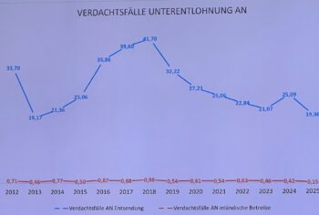 Ein Liniendiagramm mit dem Titel Verdachtsf&auml;lle Unterentlohnung AN zeigt zwei Datenreihen von 2012 bis 2025. Die blaue Linie schwankt stark, w&auml;hrend die rote Linie &uuml;ber die Jahre hinweg nahezu unver&auml;ndert auf einem niedrigen Wert bleibt.
