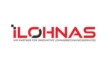 Logo mit dem Schriftzug LOHNAS in fetter roter Schrift, mit stilisiertem L und O, darunter in kleineren schwarzen Buchstaben der Slogan IHR PARTNER F&Uuml;R INNOVATIVE LOHNABRECHNUNGSSERVICES.