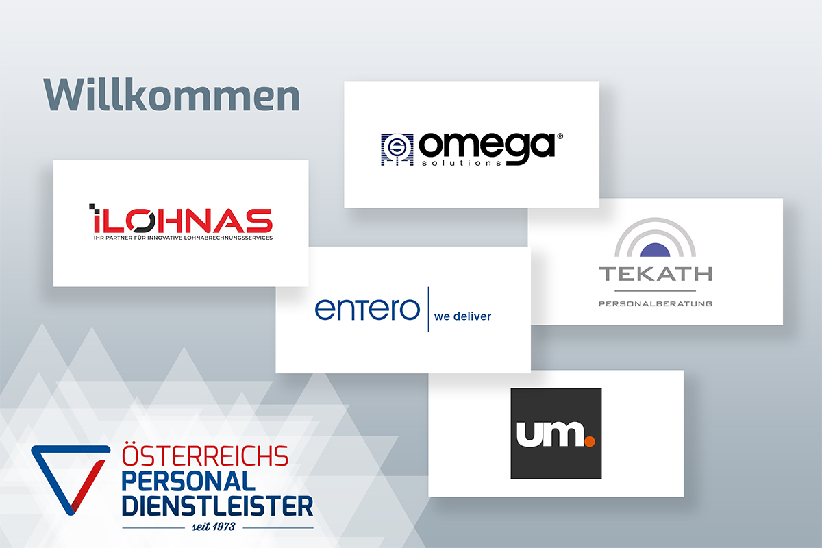 Eine Grafik mit dem Text Willkommen und f&uuml;nf Firmenlogos: iLohnas, omega solutions, enter we deliver, TEKATH Personalberatung, und um. Unten links ist das Logo und der Name von &Ouml;sterreichs Personaldienstleister seit 1973.