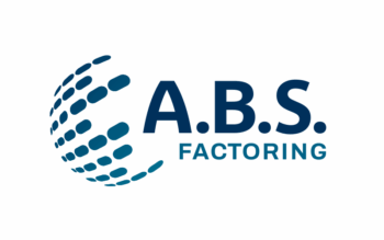 Ein Logo mit einer stilisierten blauen gepunkteten Weltkugel auf der linken Seite und dem Text A.B.S. FACTORING in fetten blauen Buchstaben auf der rechten Seite, alles vor einem wei&szlig;en Hintergrund.