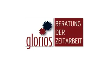 Logo mit zwei Zahnr&auml;dern und der Aufschrift glorios auf der linken Seite und BERATUNG DER ZEITARBEIT auf kastanienbraunem Hintergrund auf der rechten Seite.