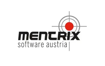 Logo f&uuml;r Mentrix Software Austria mit fettem, schwarzem MENTRIX-Text, darunter kleinere Software Austria, mit einem roten Punkt und grauem Zielsymbol &uuml;ber den Buchstaben RIX auf wei&szlig;em Hintergrund.