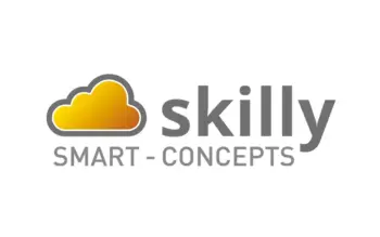 Logo f&uuml;r skilly SMART - CONCEPTS mit einem gelb-orangefarbenen Wolkensymbol in grauem Umriss links vom grauen Text. Der Schriftzug SMART - CONCEPTS steht in Gro&szlig;buchstaben unter skilly.