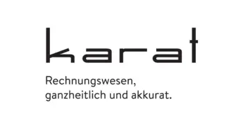 In schwarzer Schrift auf wei&szlig;em Hintergrund steht in gro&szlig;er, moderner Schrift: karat. Darunter steht in kleinerer Schrift Rechnungswesen, ganzheitlich und akkurat.