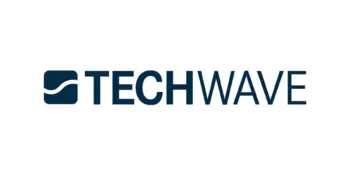 Logo mit einem blauen Quadrat mit einer wei&szlig;en Wellenlinie auf der linken Seite, gefolgt von dem Wort TECHWAVE in fetten, gro&szlig; geschriebenen dunkelblauen Buchstaben auf wei&szlig;em Hintergrund.