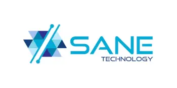 Logo f&uuml;r SANE Technology mit geometrischen blauen Sechsecken auf der linken Seite, die von zwei diagonalen Linien gekreuzt werden, und dem Firmennamen SANE TECHNOLOGY in fetter blauer Schrift auf der rechten Seite.