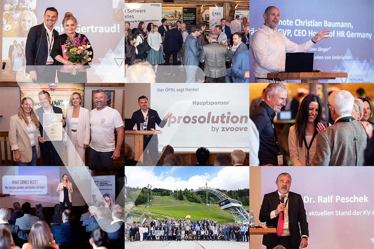 Eine Collage von Veranstaltungsfotos zeigt Redner, die Vortr&auml;ge halten, Gruppendiskussionen, Menschen, die Kontakte kn&uuml;pfen, Gruppenfotos und Szenen im Freien - alles im Zusammenhang mit einer Fachkonferenz oder einem Seminar.