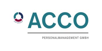 Logo mit dem Schriftzug „ACCO“ über einer grauen Linie und „PERSONALMANAGEMENT GMBH“ darunter. Auf der linken Seite befindet sich eine kreisförmige Grafik mit der Aufschrift „JAP-GROUP“.