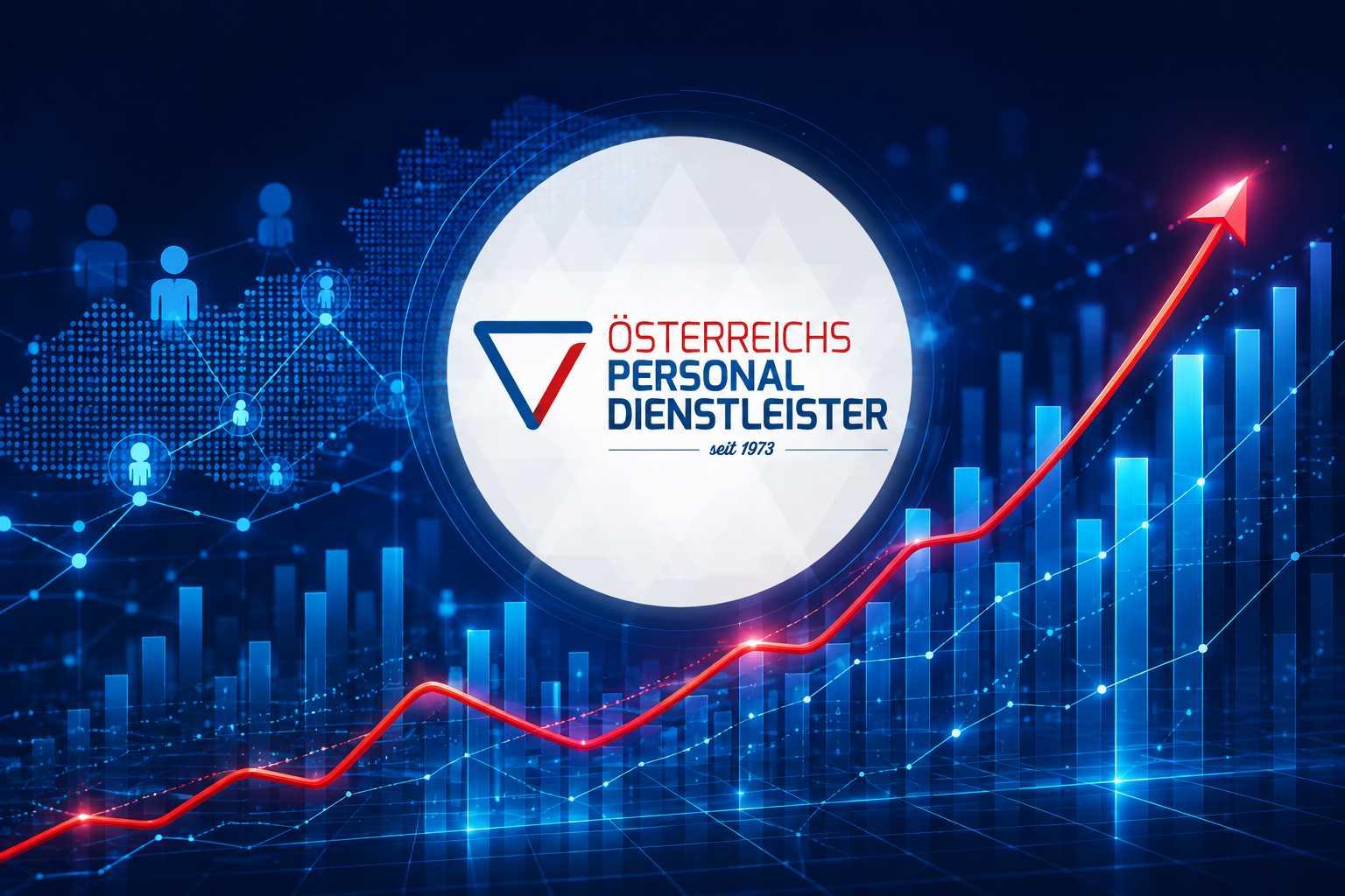Ein Logo mit der Aufschrift „Österreichs Personaldienstleister seit 1973“ ist mittig über einem digitalen Balkendiagramm und einem roten Aufwärtspfeil angeordnet, die für Wachstum und Erfolg stehen, während im Hintergrund blaue Netzwerksymbole und eine Weltkarte zu sehen sind.