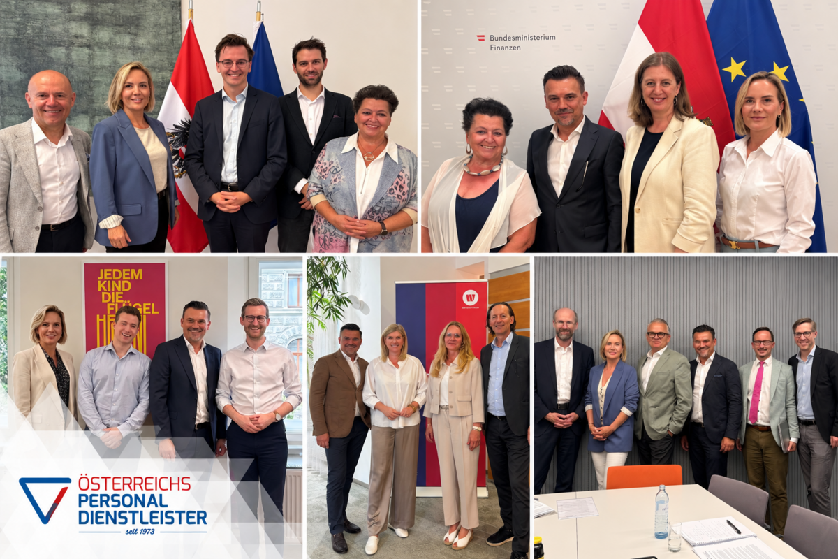 Eine Collage aus fünf Gruppenfotos zeigt professionell gekleidete Personen, die in Innenräumen vor Flaggen, Bannern und Bürokulissen posieren; die Aufnahmen vermitteln den Eindruck einer geschäftlichen oder behördlichen Veranstaltung.